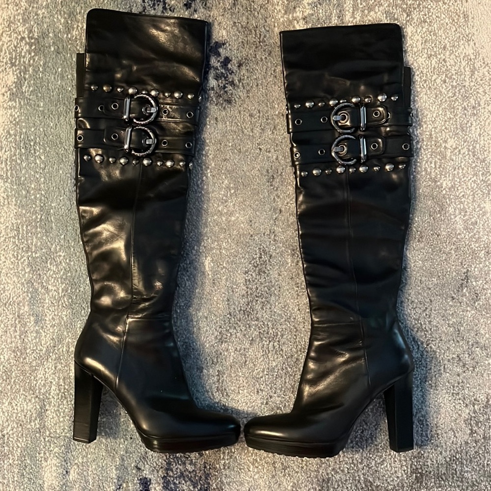 Stuart Weitzman over the knee black leather studded boots,